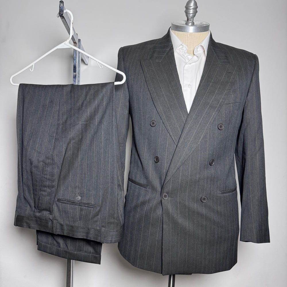 Yves Saint Laurent Suit Mens 42L W34 Charcoal Pinstripe Double Breasted Wool